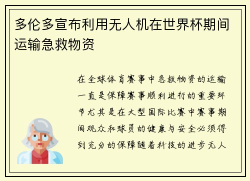 多伦多宣布利用无人机在世界杯期间运输急救物资 多伦多宣布利用无人机在世界杯期间运输急救物资
