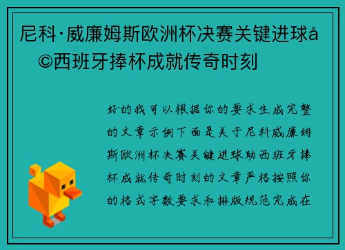 尼科·威廉姆斯欧洲杯决赛关键进球助西班牙捧杯成就传奇时刻 尼科·威廉姆斯欧洲杯决赛关键进球助西班牙捧杯成就传奇时刻